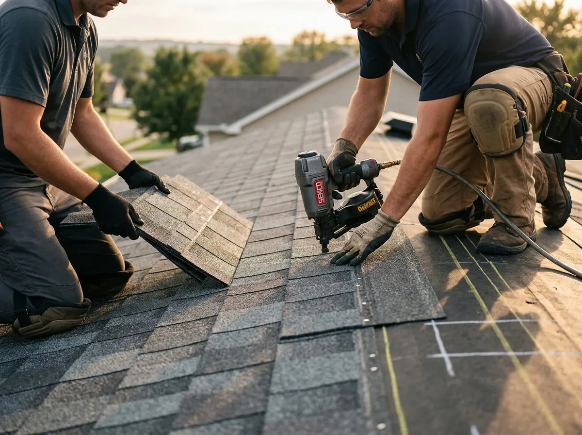 Professional roofer working on a residential roof in Caribou